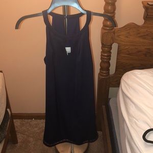 Blue dress with patterned trim